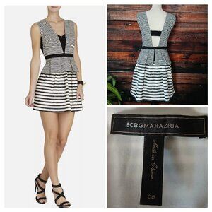 BCBGMAXAZRIA Piper Dress Size 8 Black White Striped Peplum